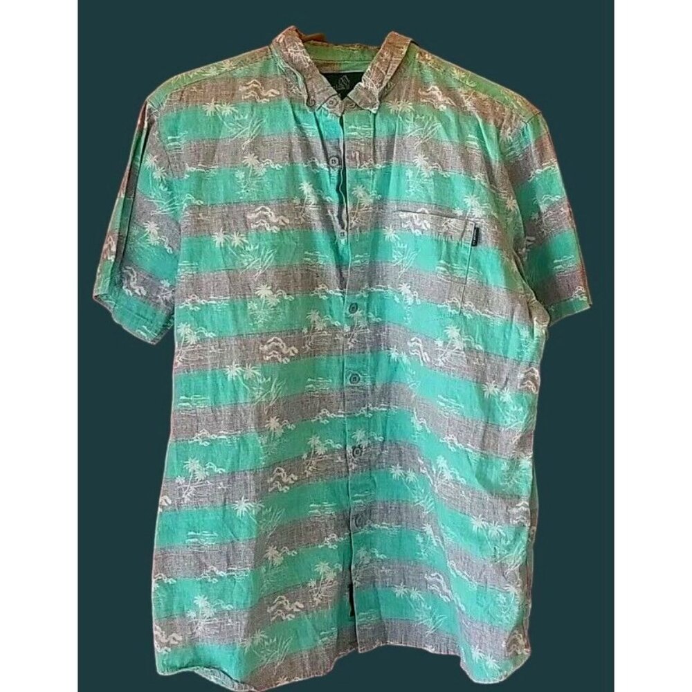 Molokai Surf Shirt Mens Large Gray Blue/Green Stripe Short Sleeve Button Up